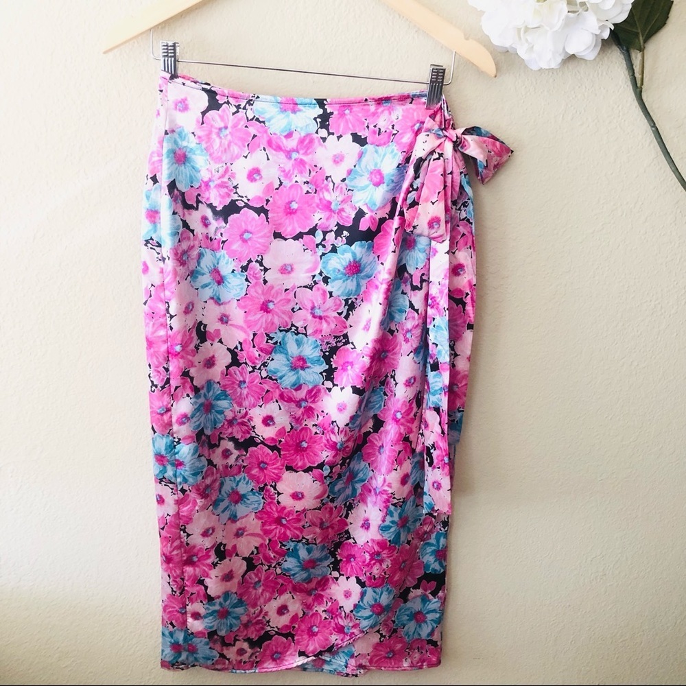 WAYF Floral Print Satin Wrap Midi Skirt